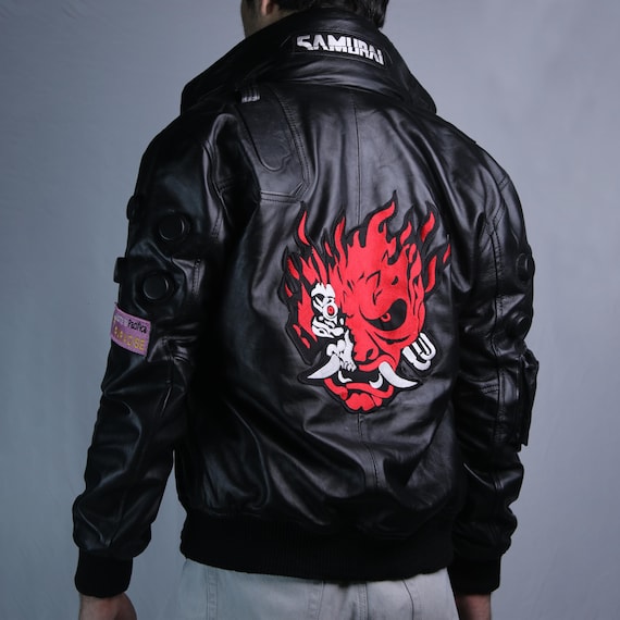 Cyberpunk V Samurai Black Leather Jacket |LED Collar Bomber Jacket | Embroidered Patches Gaming Jacket
