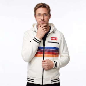 Puede incluir: Chaqueta con capucha color crema con cremallera negra y puños y dobladillo a rayas blancas y negras. La chaqueta presenta un diseño de rayas horizontales en azul, morado, naranja y rojo. Un rectángulo rojo con las letras "PHM" está en el pecho.