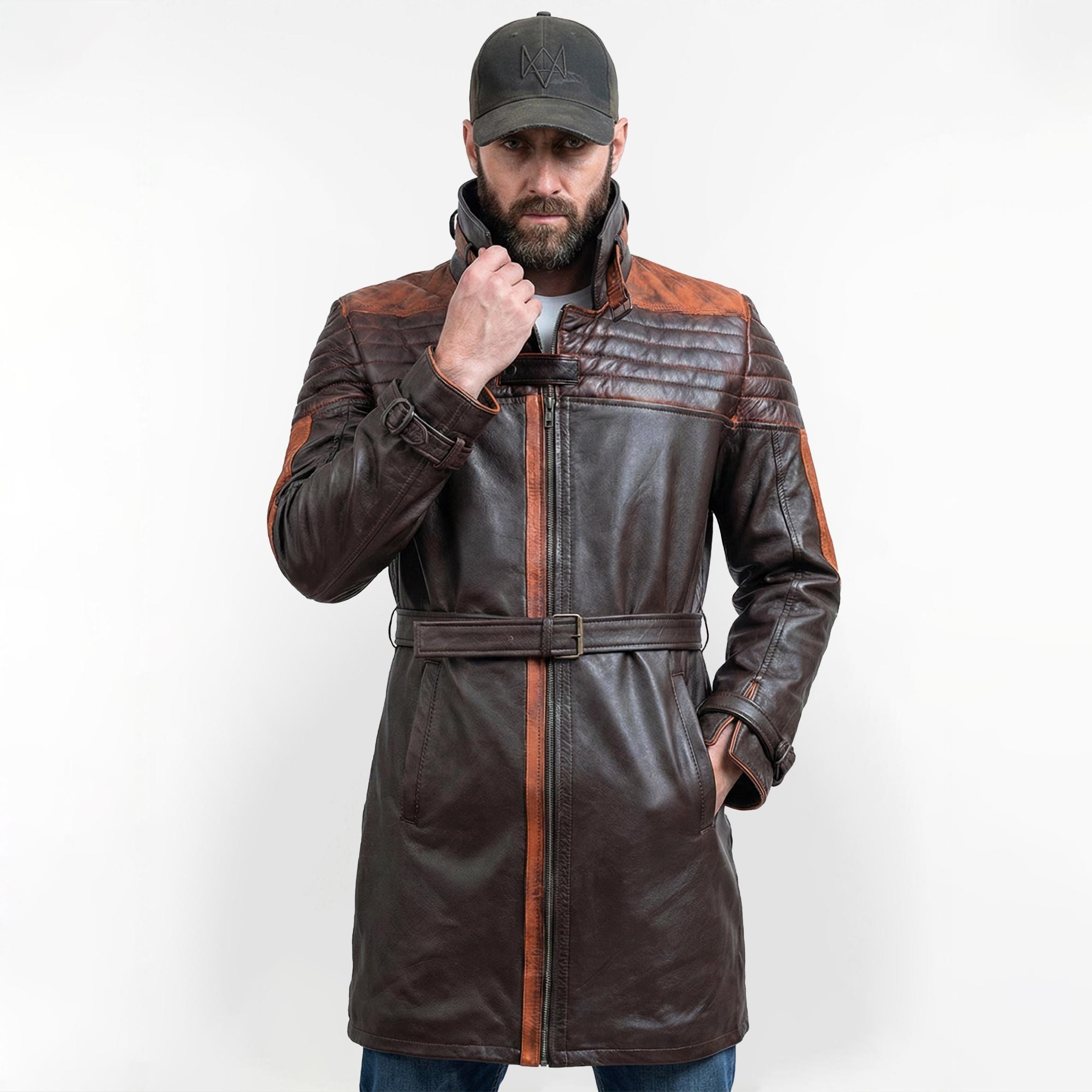 ジャケット・アウター eaphi big collar middle coat brown Aiden Pearce Watch Dogs Brown Leather Fur Jacket - William Jacket