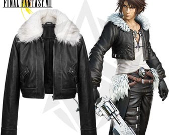 May include: A black leather jacket featuring a white faux fur collar, long sleeves, and a cropped hem. The jacket is displayed alongside an illustration of a character from Final Fantasy VIII wearing the same jacket, black pants, and holding a gunblade.