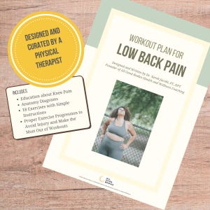Op de afbeelding: Workoutplan voor lage rugpijn, ontworpen en geschreven door Dr. Sarah Jacobi, PT, DPT, oprichter van All Good Bodies Health and Wellness Coaching. Het plan omvat educatie over kniepijn, anatomische diagrammen, 18 oefeningen met eenvoudige instructies en een juiste oefenprogressie om blessures te voorkomen en het meeste uit de trainingen te halen.