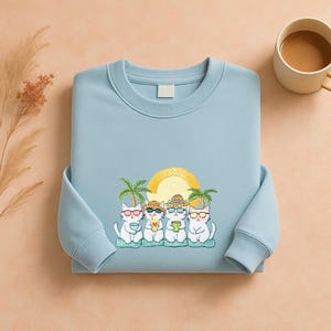 Embroidered Summer Cat Sweatshirt - Kawaii Cat Crewneck, Beach Vacation Pullover, Cute Aesthetic Cat Shirt, Funny Animal Gift