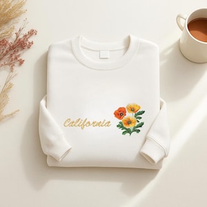 California Poppy Embroidered Sweatshirt – Minimalist Floral State Pride Shirt – Gift for Her – California State Flower Crewneck