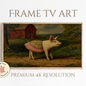 May include: A framed painting of a pig wearing a pink and gold dress in a rural setting. The pig is standing in a field with a barn in the background.