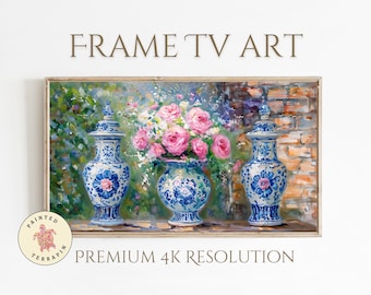 Frame TV Art Digital Download, Vintage-Gemälde von 3 blauen und weißen Chinoiserien-Vasen und rosa Blumen, Cottage Core, Bauernhausästhetik