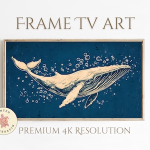 Könnte beinhalten: Gerahmter Kunstdruck mit einem beigen Wal, der in einem dunkelblauen Ozean mit Blasen schwimmt. Die Worte "FRAME TV ART" stehen oben und "PREMIUM 4K RESOLUTION" unten.