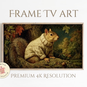 May include: A painting of a squirrel wearing a knitted sweater, sitting on a tree branch in a forest setting. The squirrel is looking to the right, and the background is a mix of green and brown foliage.