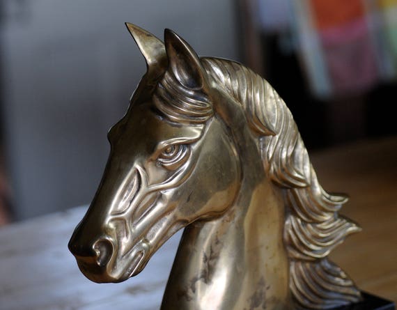 Brass Horse Head Sculpture With Marble Base 