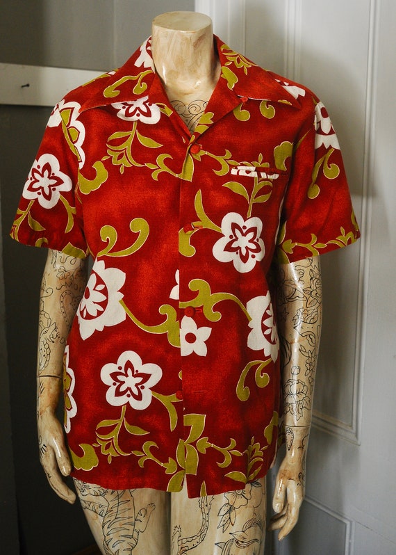 Pacific Isle Hawaiian Mens Shirt Orange Red Lime G