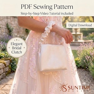 Może przedstawiać: Wykrój krawiecki w formacie PDF na elegancką torebkę ślubną z opcją pobrania cyfrowego. Obraz zawiera tekst PDF Sewing Pattern, Step-by-Step Video Tutorial included, Digital Download oraz Elegant Bridal Clutch.