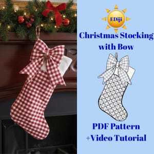 May include: A red and white checkered Christmas stocking with a matching bow. The stocking is hanging from a fireplace mantel decorated with greenery and ornaments. The image also includes a PDF pattern and video tutorial.