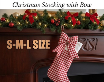 May include: A red and white gingham Christmas stocking featuring a large matching fabric bow at the top. The text S-M-L SIZE is displayed to the left of the stocking, with the brand name SUNTIME DESIGN and Christmas Stocking with Bow above.