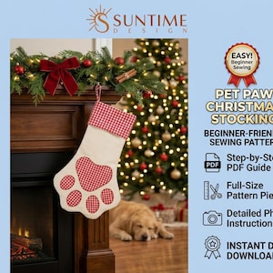 Könnte beinhalten: Ein Schnittmuster für einen weihnachtlichen Pfoten-Strumpf aus weißem Stoff mit rot-weiß karierten Manschetten und Pfotenballen. Der Text enthält PET PAW CHRISTMAS STOCKING, EASY! Beginner Sewing und PDF Guide Details.