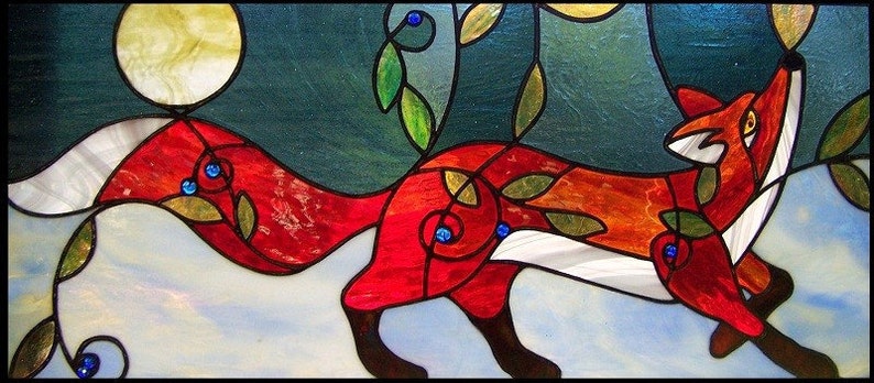 PATTERN for Red Fox in the Blueberry Patch Stained Glass approximately 30x13 image 3