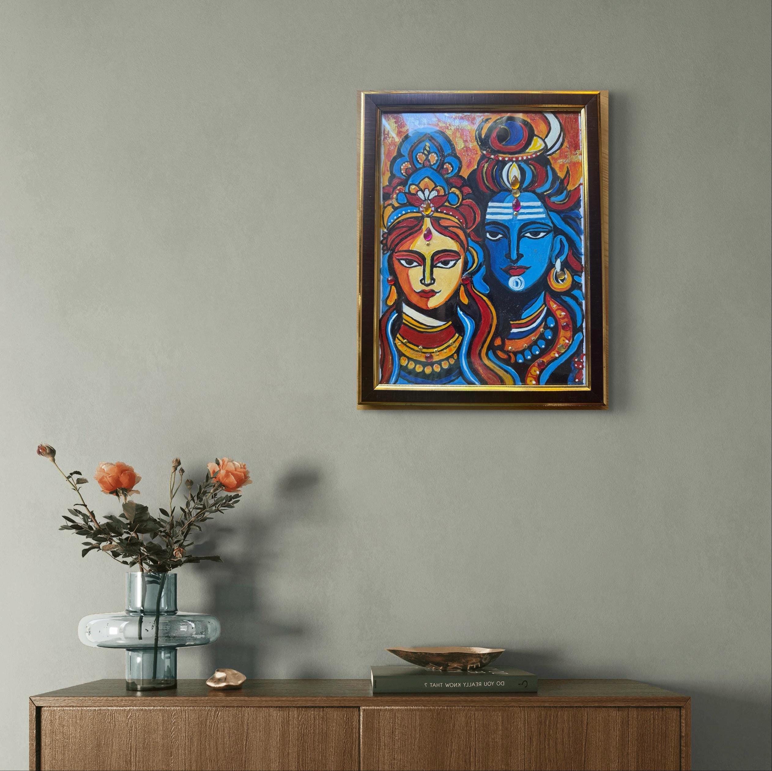 Shiva Parvati Painting: Modern Indian Folk Art, Framed Hindu Wall Decor ...