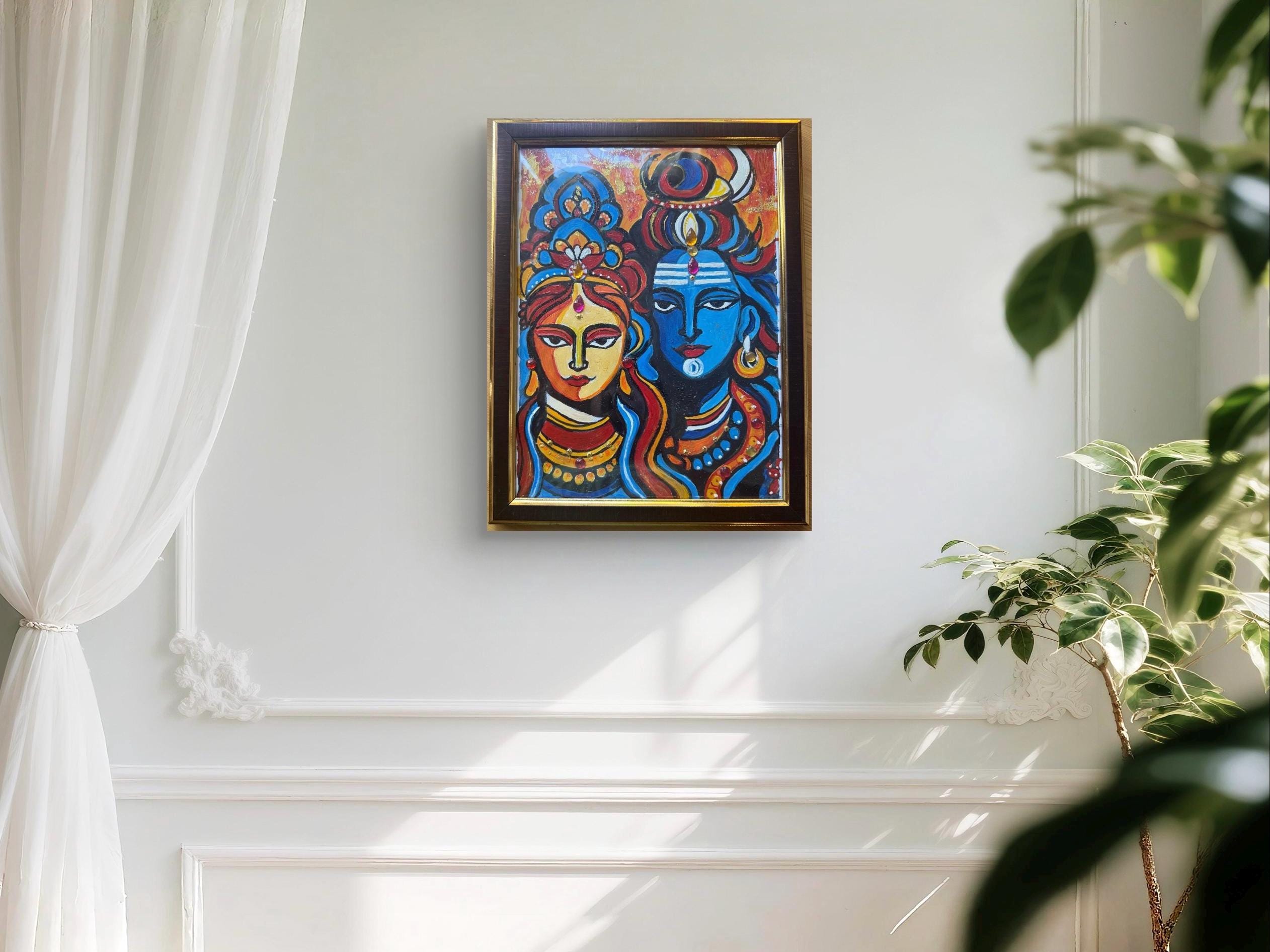 Shiva Parvati Painting: Modern Indian Folk Art, Framed Hindu Wall Decor ...