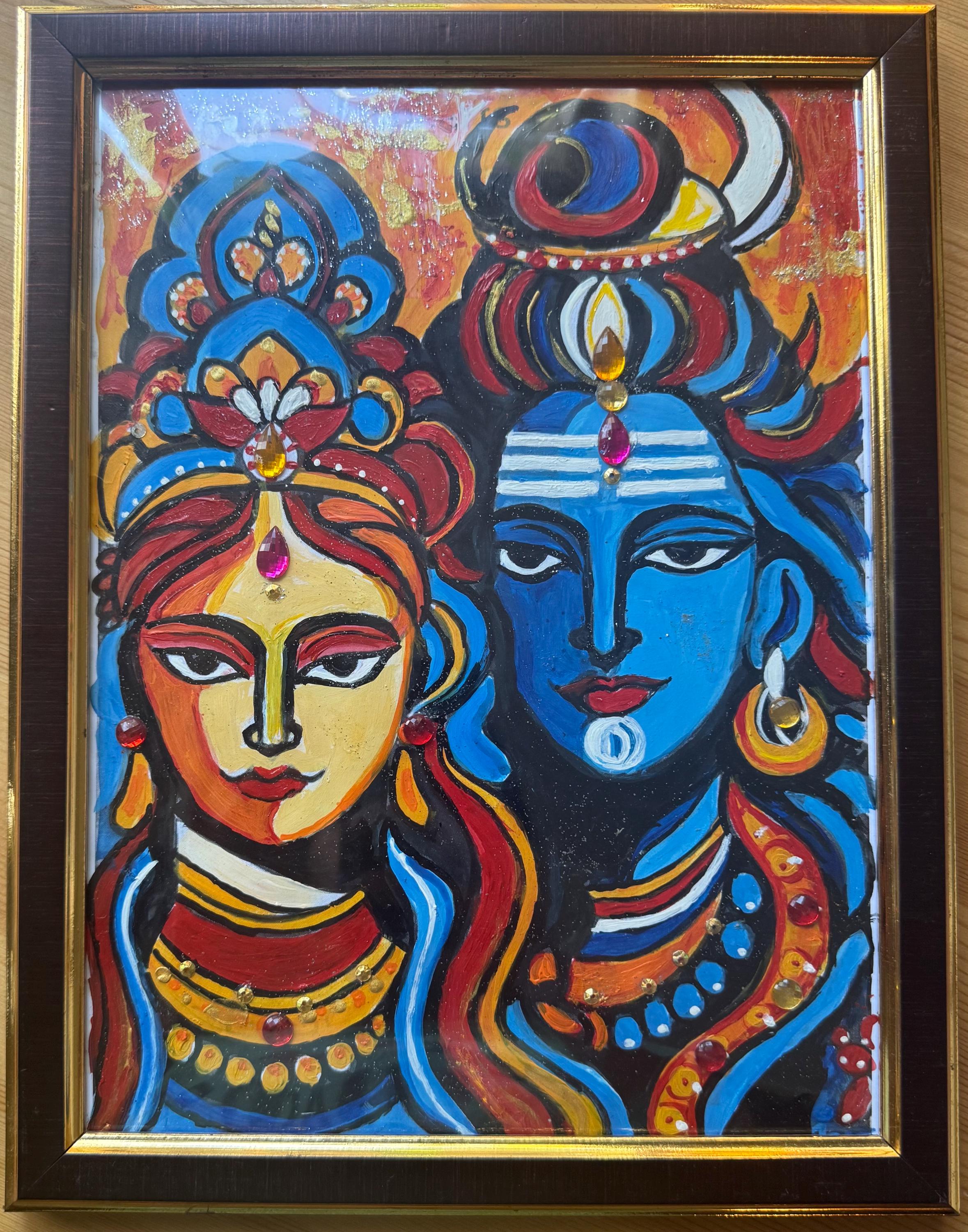 Shiva Parvati Painting: Modern Indian Folk Art, Framed Hindu Wall Decor ...