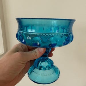 Vintage Indiana Glass Kings Crown Thumbprint Blue Compote 5 1/4”