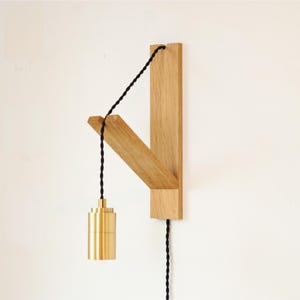 May include: A wooden wall-mounted coat rack with a single hook and a brass pendant light hanging from it. The cord is black.