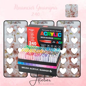 Op de afbeelding: Een set van 240 acryl penseelmarkers in verschillende kleuren. De markers zijn gerangschikt in een doos met de merknaam "Guangna" en de tekst "Acryl penseelmarker" gedrukt op de doos. De markers zijn ideaal voor gebruik op papier, hout, steen, keramiek, glas en canvas.
