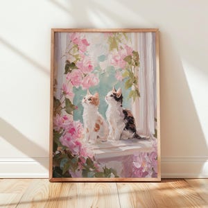 Charming Cat Pair Floral Window Wall Art Printable, Two Kittens Pink Peony Garden Print, Cottagecore Animal Decor, Romantic Pet Painting