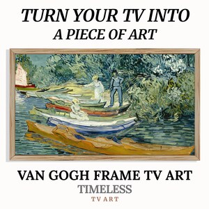 Pode incluir: Uma obra de arte digital emoldurada com uma pintura de pessoas em barcos em um rio, no estilo de Van Gogh. A obra de arte está em uma moldura de madeira clara. O texto na parte superior diz "TURN YOUR TV INTO A PIECE OF ART". Abaixo, o texto diz "VAN GOGH FRAME TV ART".