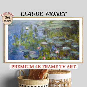 May include: A framed print of Claude Monet's "Water Lilies" painting. The artwork depicts a serene pond with lily pads, water reflections, and soft pink and white flowers. The frame is a light wood color, and the text "CLAUDE MONET" is displayed above the artwork.
