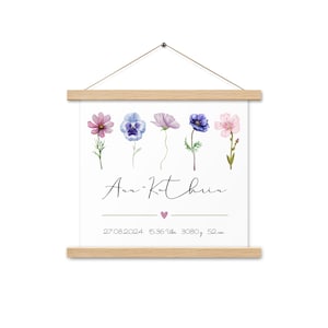 Póster de regalo de nacimiento personalizado con nombre, fechas, flores, regalo para nacimiento, idea de regalo para bebé, decoración de guardería, cuadro de pared