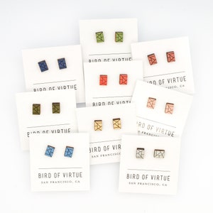 Small Rectangle Wood Post Earrings | Geo-patterned | Assorted Colors - Nickel-Free | Stocking Stuffer