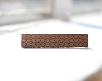 Skinny Tie Clip | Hexagonal Honeycombs | in Walnut or Cherry Wood | Modern Geometric Anniversary Gift for Man | Father's Day | Wedding