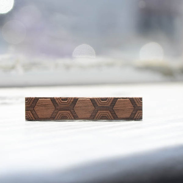 Super Skinny Tie Clip | Large Hex Etch | Modern Geometric Wood | Gift for Him, Groom, Groomsmen, Father or Anniversary