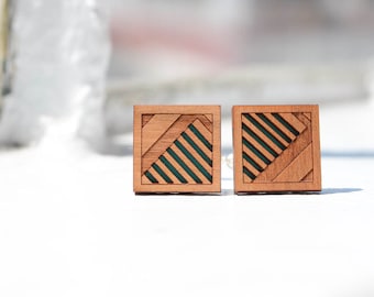 Gemelos cuadrados a rayas / Madera de cerezo + Verde azulado / Geométrico moderno