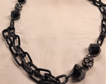 Vintage 1980s Black Metal Chain Necklace Black Plastic Faceted Beads and Rhinestone Beads