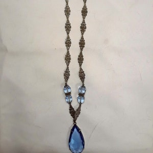 Edwardian Blue Glass Pendant Choker Style Necklace Silver Plate German