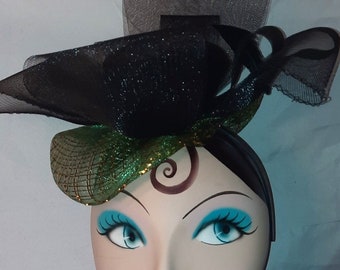 Fascinator Costume Headpiece Headband Large Black Bows with 2 Center Roses on Green Gold Crinoline with Iridescent Thread