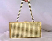 Vintage 1950s Gold Tone Faux Pearl Panel Carryall with Wrist Snake Chain Lipstick Case and Money Compartment