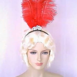 Red Showgirl Headpiece on a Headband Tall Fan of Feathers with Silver Sequin Trim