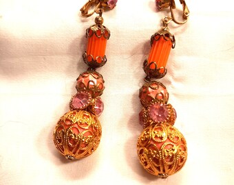 1960s Plastic and Rhinestone Pendant Drop Clip On Earrings Pink and Orange New Old Stock