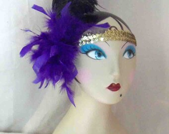 Broadway Baby Flapper Style Headpiece Purple and Black Feather with Gold Sequin Headband