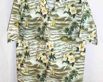 1970s Vintage Aloha Hawaiian by Hana Fashions Outriggers Tiki Huts Beige and Kaki