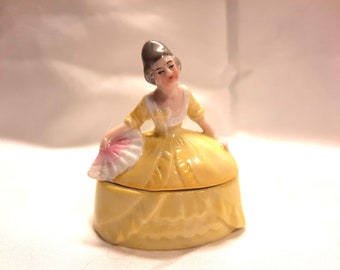 1920s Germany Half Doll Porcelain Trinket Ring Box 18th Century Style Pale Yellow Dress Holding a Fan