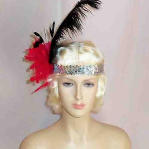 Handmade Gatsby Flapper Headband Silver Sequin w Red Pom Pom and Black Ostrich Feather