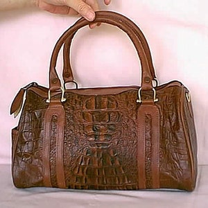 Vintage 1970s Faux Alligator Double Handle Satchel Hand Bag Two Tone Browns