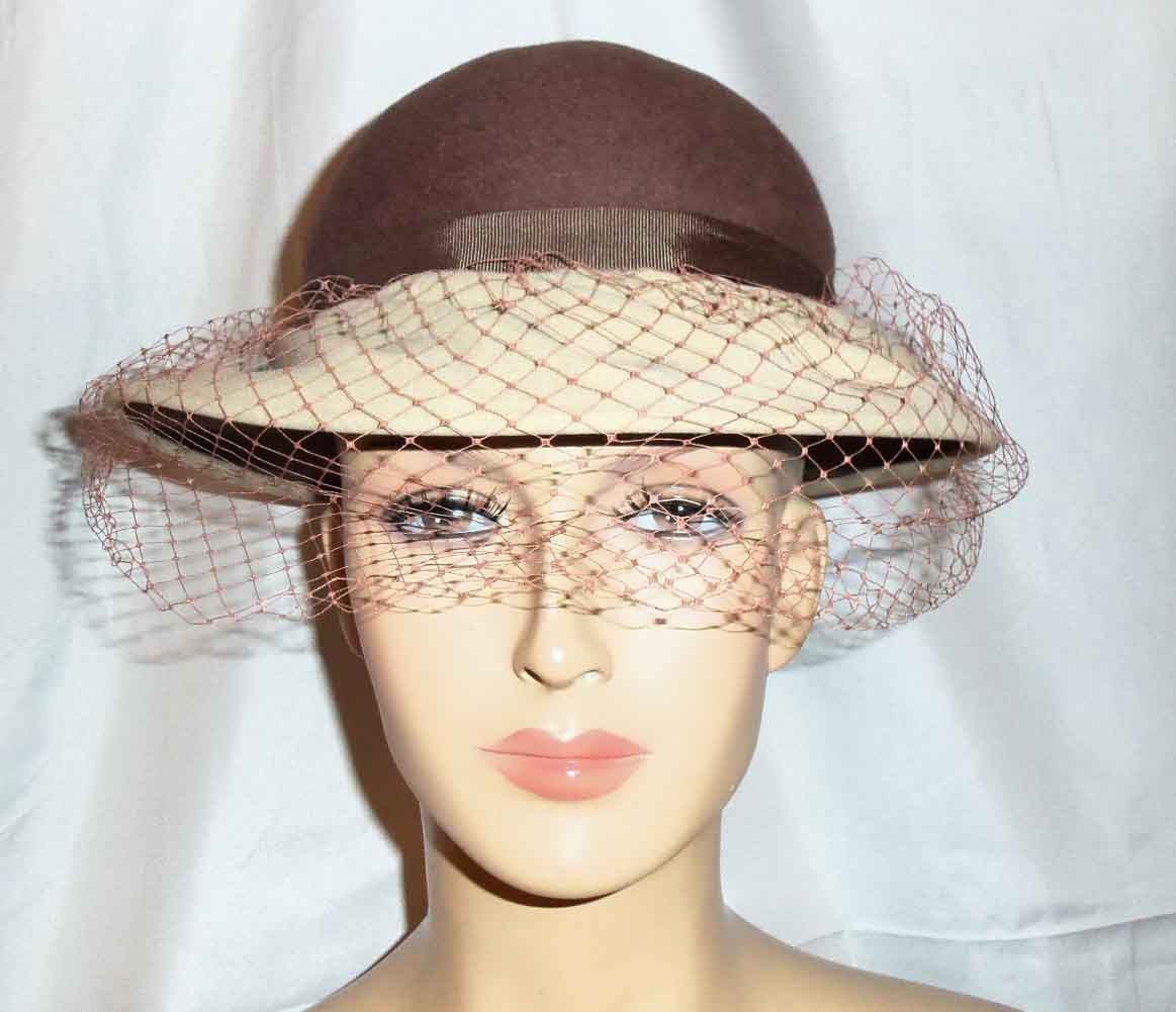 Beige Doeskin Wool Cloche Hat with Feather Top Sylvia Vintage Vintage 1970s Sylvia Taupe and Beige Wool and Velvet Hat  main image 3