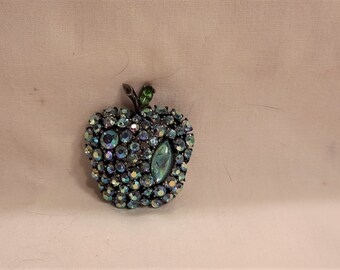 Signed Art Blue and Green Aurora Borealis Rhinestone Apple Shaped Vintage Brooch