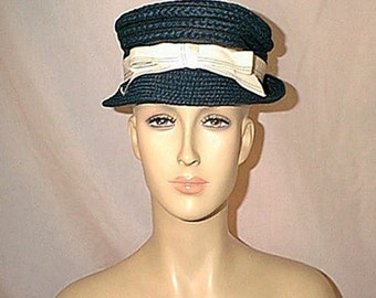 Vintage 50s Raffia Hat Navy Blue Round Swirl Beret an  display picture 1