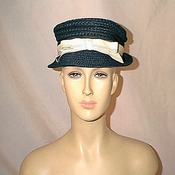 Vintage 1935 Navy Blue and Cream Soft Straw and H… - image 1