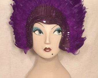 Purple Feather and Sequin Showgirl Headpiece Adjustable