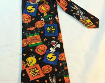 1996 Looney Tunes Mania Happy Halloween Theme Necktie with Warner Bros Characters