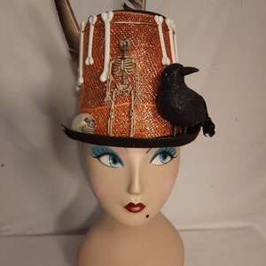 Handmade Halloween Voodoo Stovepipe Top Hat Skeleton Raven Feathers and Bones